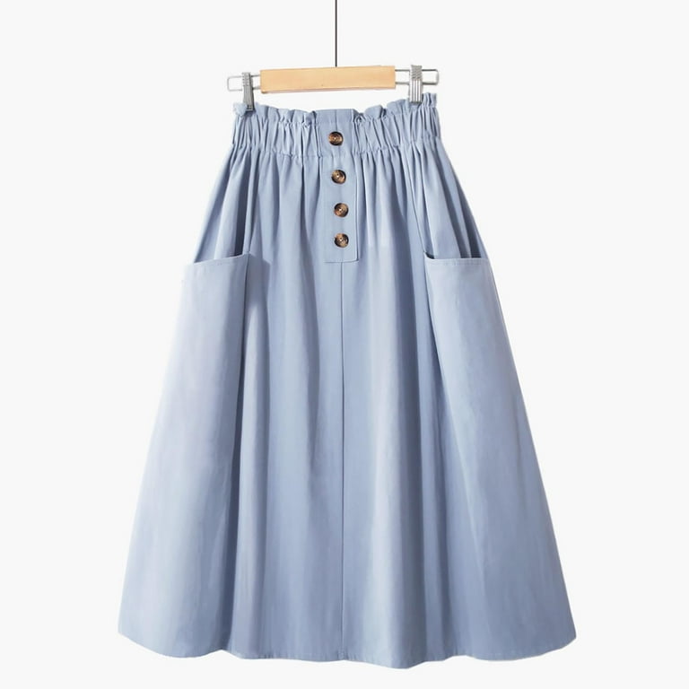 Xuplwnp Blue Skirts for Women Casual Paper Bag Waist A Line Pleated Midi Skirt with Pockets Maxi Skirt Women s Size One Size