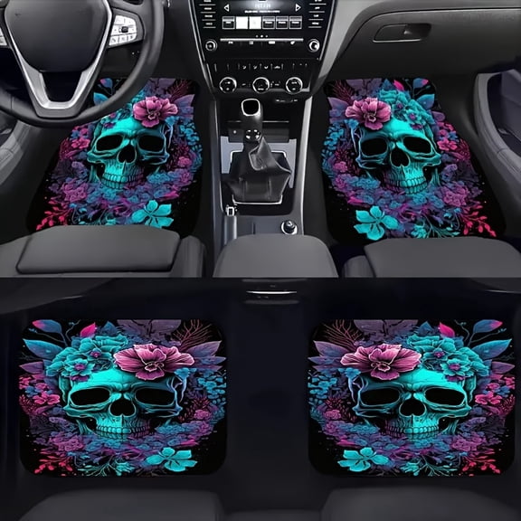 Blue Skull 4-Piece Car Floor Mats, Durable All-Season Anti-Slip Universal Fit Liners for Cars Trucks Suvs, Easy Clean Bold Graphic Interior Protection