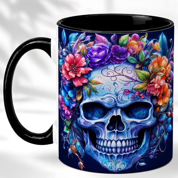 Blue Skull Coffee Mug, Floral Gothic Mug, Ceramic 11 oz