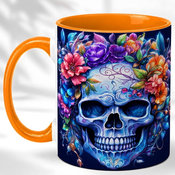 Blue Skull Coffee Mug, Floral Gothic Mug, Ceramic 11 oz