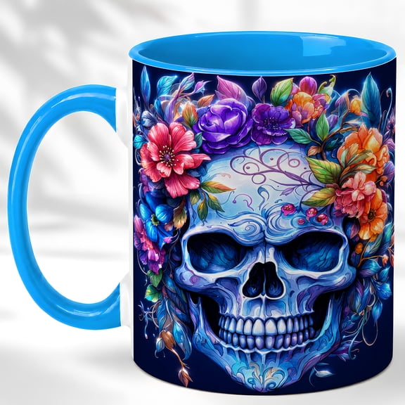 Blue Skull Coffee Mug, Floral Gothic Mug, Ceramic 11 oz