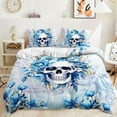 thumbnail image 1 of Blue Skull Duvet Cover Set, Sugar Skull Comforter Cover Set,Watercolor Floral Skull Octopus Printed Duvet Cover with 2 Pillowcases,3-Piece Goth Bedding Set-Blue, 1 of 4