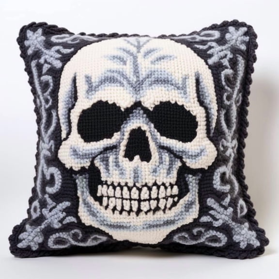 Blue Skull Latch Hook Kits Pillow DIY Rug Crochet Hook Cushion Making Kits with Preprinted Pattern Canvas Instruction Yarns Easy Starter Christmas Decoration Hooking DIY Kits 43x43cm(d151)