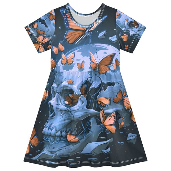 Blue Skull Orange Butterfly Girls Short Sleeve Dress A Line Sun Protection Breathable Comfort Sundress 2T