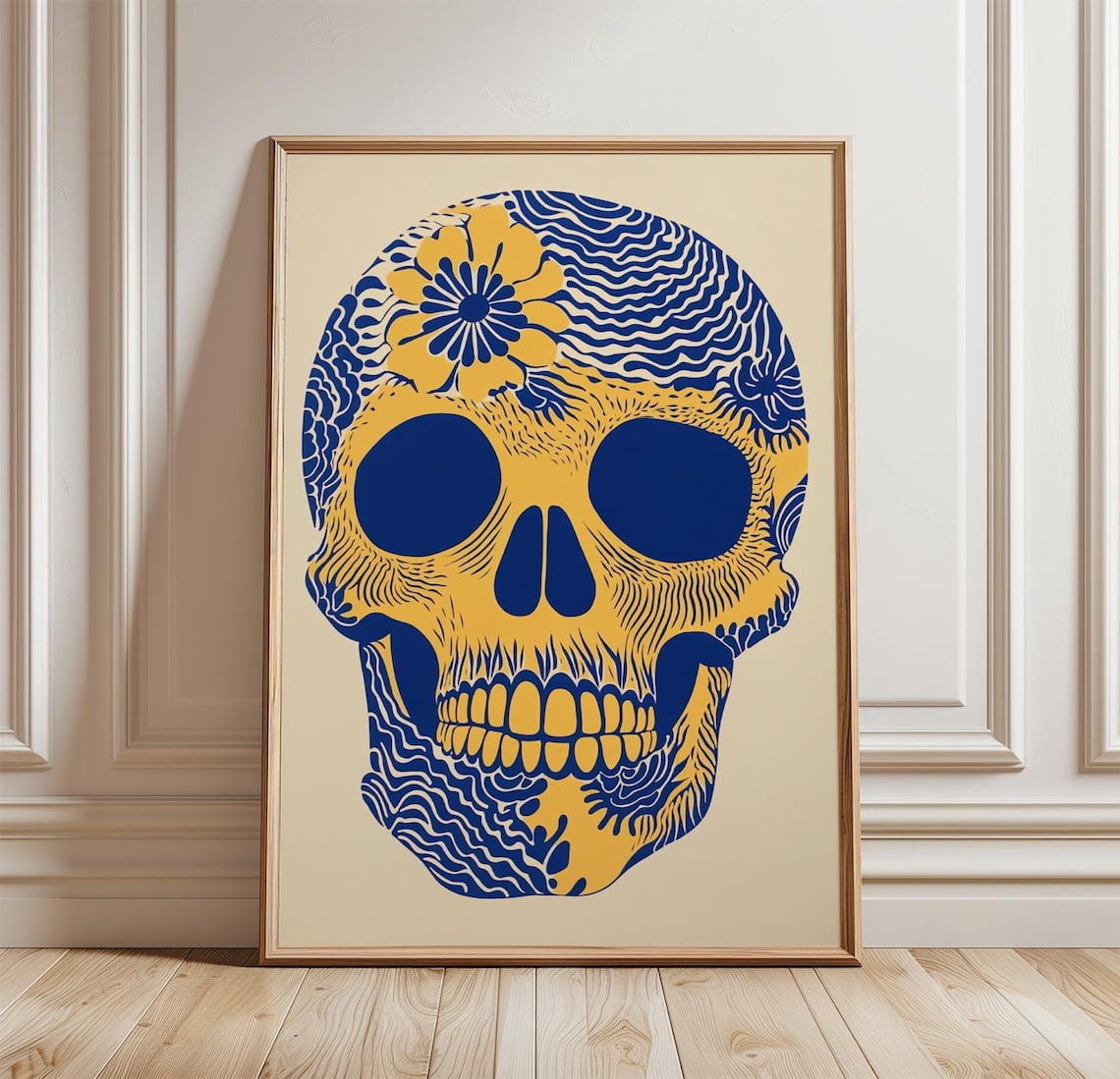 Blue Skull Poster Modern Floral Skull Wall Art Bold Graphic Decor blue-skull-poster-modern-floral-skull-wall-art-bold-graphic-decor