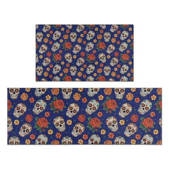 Blue Skull Rose Flower Pattern Kitchen Rugs Sets Of 2,Anti Fatigue Kitchen Mat Rugs Non Slip Washable,Decorative Kitchen Floor Mats for Kitchen,Sink,Laundry,17"x30"+17"x47"