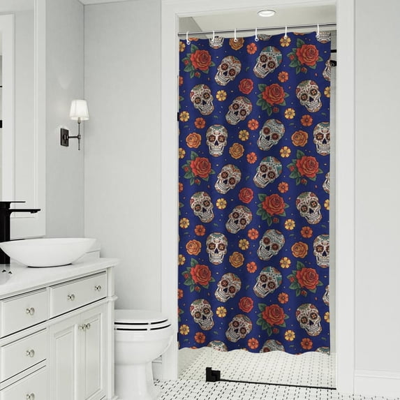 Blue Skull Rose Flower Pattern Shower Curtain 36"x72" ,Bathroom Decorative Shower Curtains Set with 12 Hooks,Modern Waterproof Washable Shower Curtain