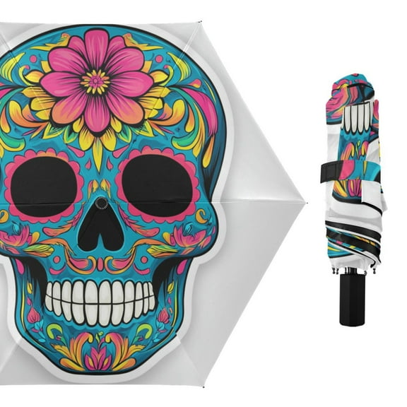 Blue Skull with Flowers All Weather Umbrella Triple Folding Parasol 6 Ribs UV Protection Portable