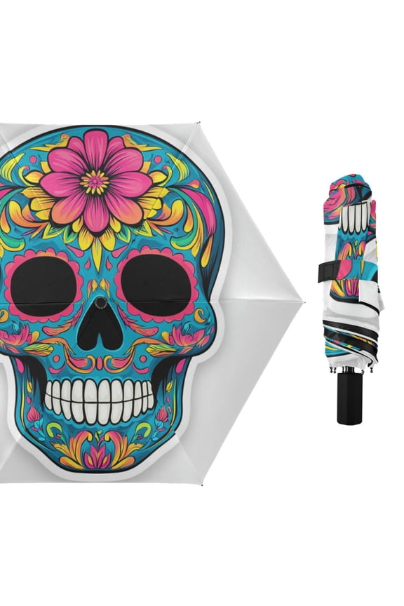 Blue Skull with Flowers All Weather Umbrella Triple Folding Parasol 6 Ribs UV Protection Portable