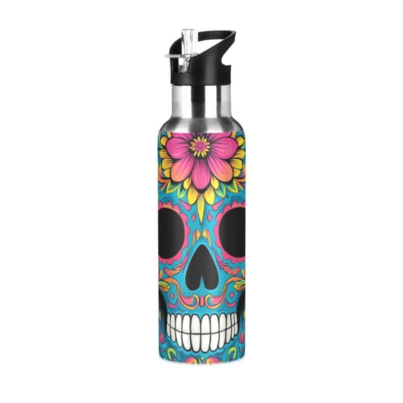 Blue Skull with Flowers Sports Bottle with Straw Stainless Steel Water Jug Portable Thermal Cup Leak-proof 1000ML