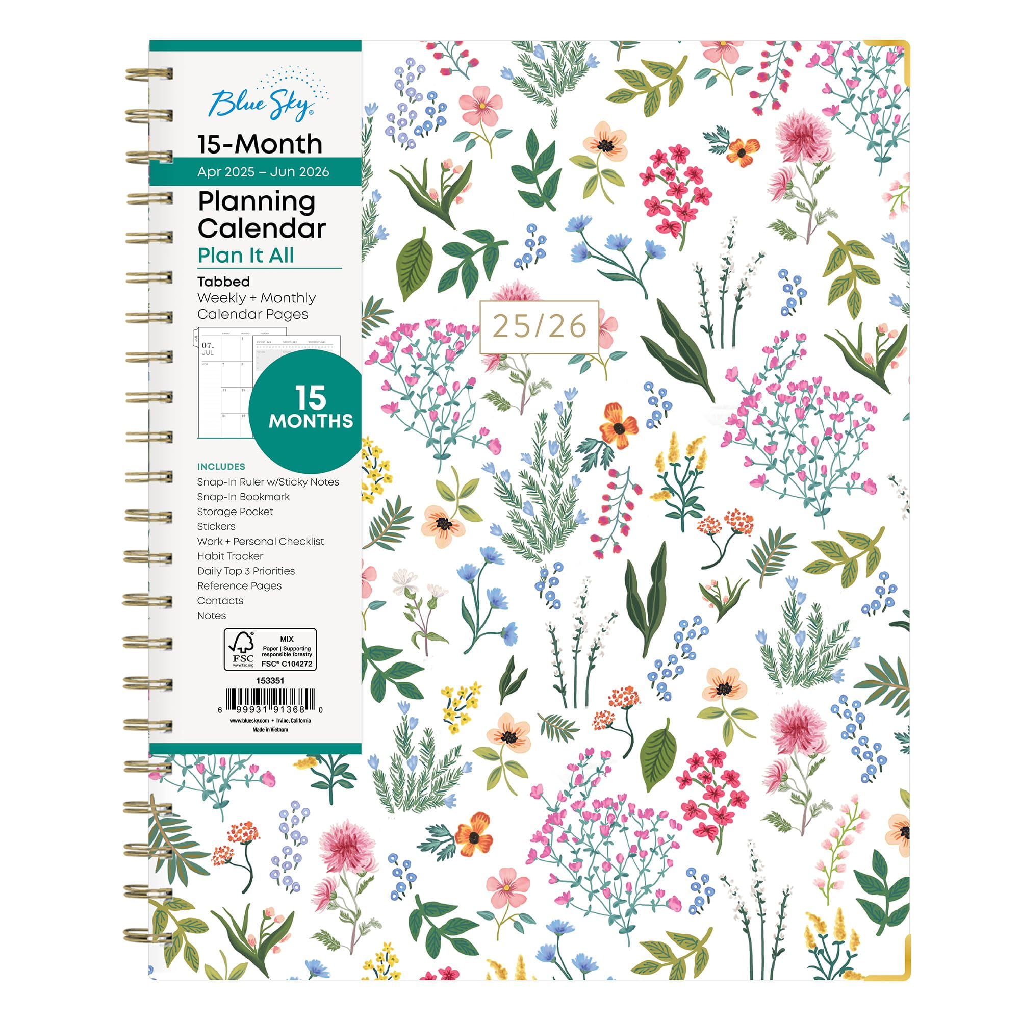 Blue Sky 15 Month 2025-2026 Weekly and Monthly Academic Year Planner ...