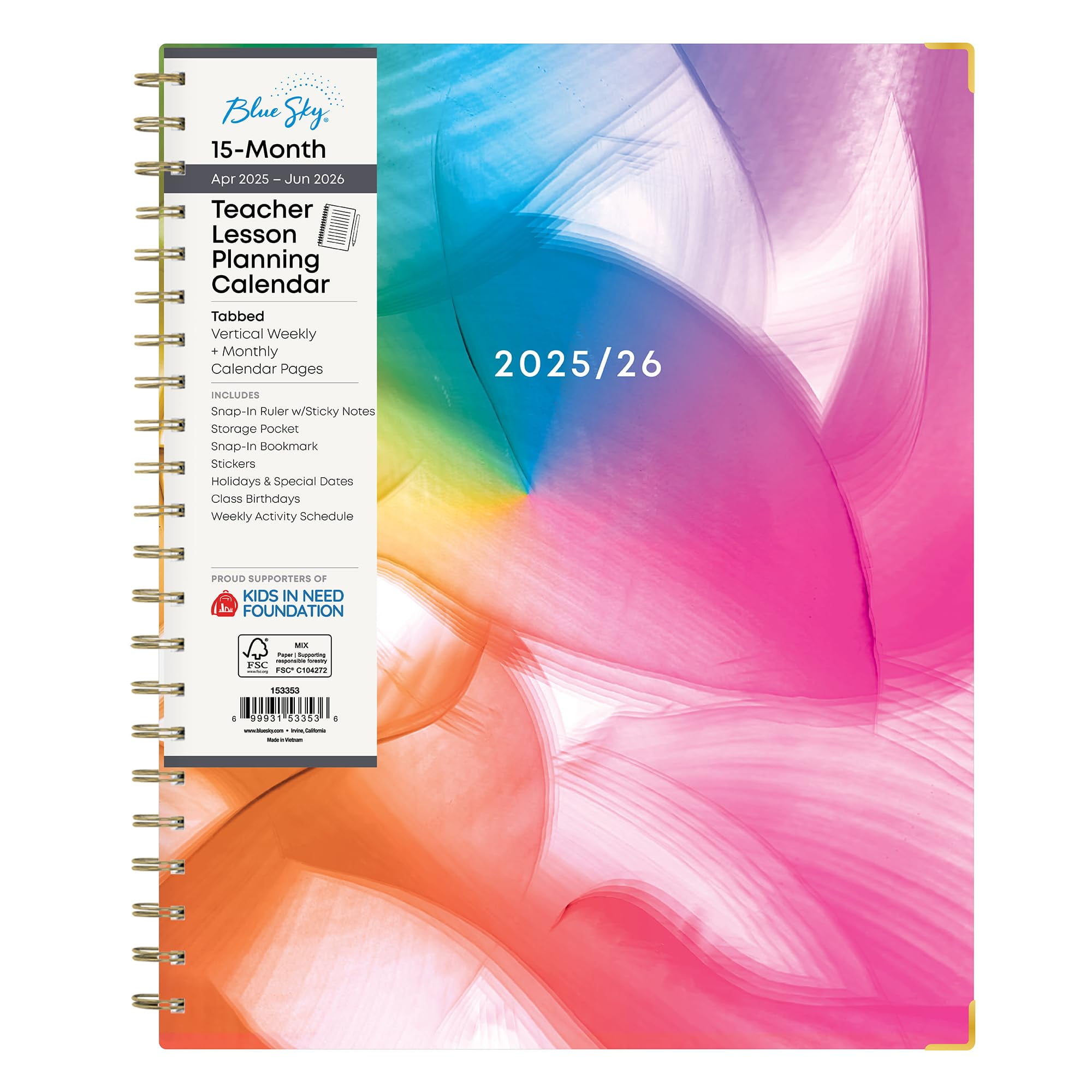 Blue Sky 15 Month 2025-2026 Weekly Monthly Academic Year Teacher Lesson Planner Calendar, April 2025 - June 2026, 8.5" x 11", Hard Cover, Wirebound, Storage Pocket, Ruler & Stickers, Rainbow Paint