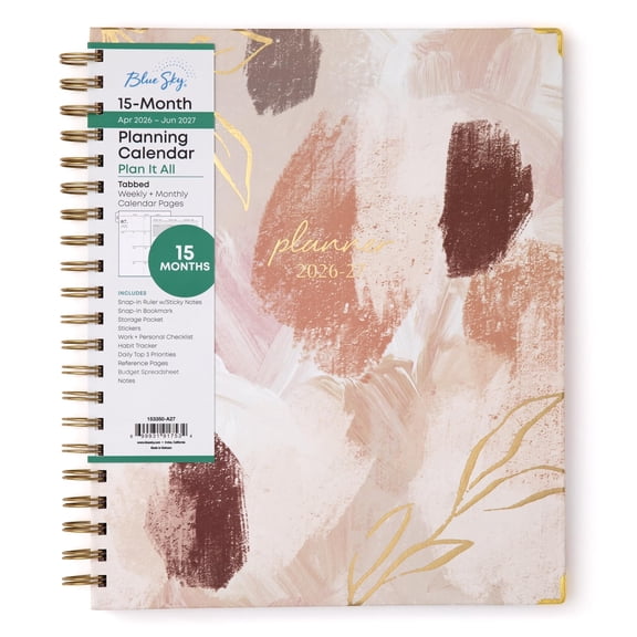 Blue Sky 15 Month 2026-2027 Weekly and Monthly Academic Year Planner Calendar, April 2026 - June 2027, 8.5" x 11", Hard Cover, Storage Pocket, Snap-in Ruler w/Sticky Notes & Sticker Sheet, Henri