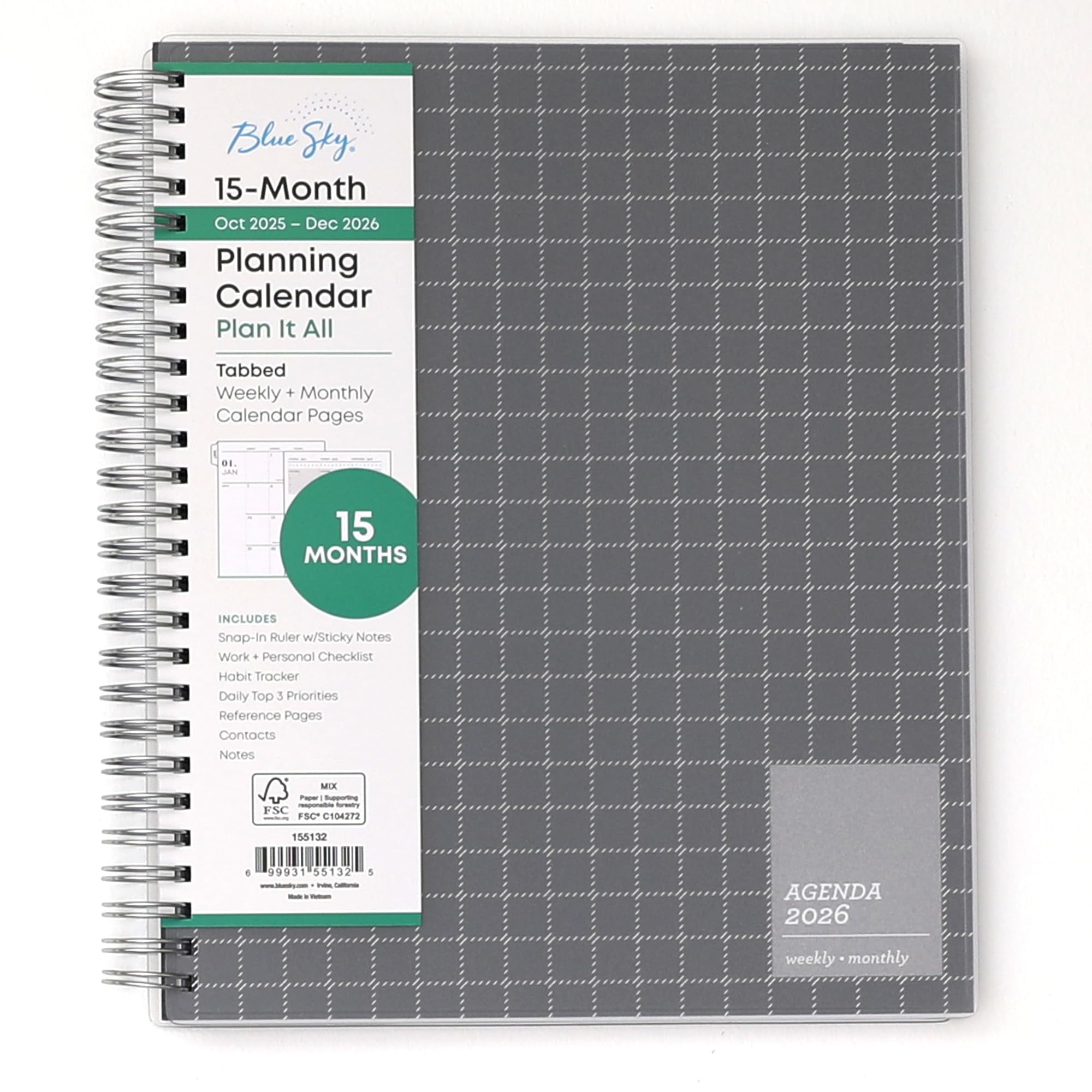 Blue Sky 15 Month 2026 Weekly and Monthly Planner Calendar, October 2025 - December 2026, 7" x 9", Flexible Cover, Durable Twin Wire Binding, Laminated Tabs, Includes Ruler & Sticky Notes, Aiden Dark