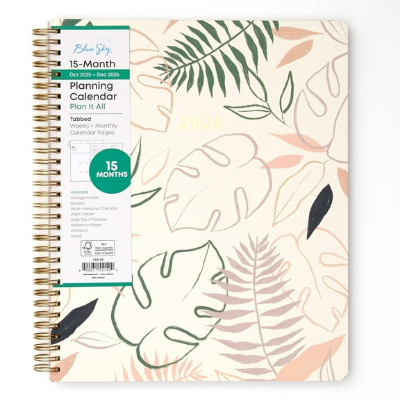 Blue Sky 15 Month 2026 Weekly and Monthly Planner Calendar, October 2025 - December 2026, 8.5" x 11", Laminated Cover, Wirebound, Laminated Tabs, Storage Pocket, Includes Stickers, Coronado