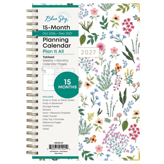 Blue Sky 15 Month 2027 Weekly and Monthly Planner Calendar, October 2026 - December 2027, 5" x 8", Hard Cover, Storage Pocket, Includes Snap-In Bookmark, Ruler, & Stickers, Londonberry