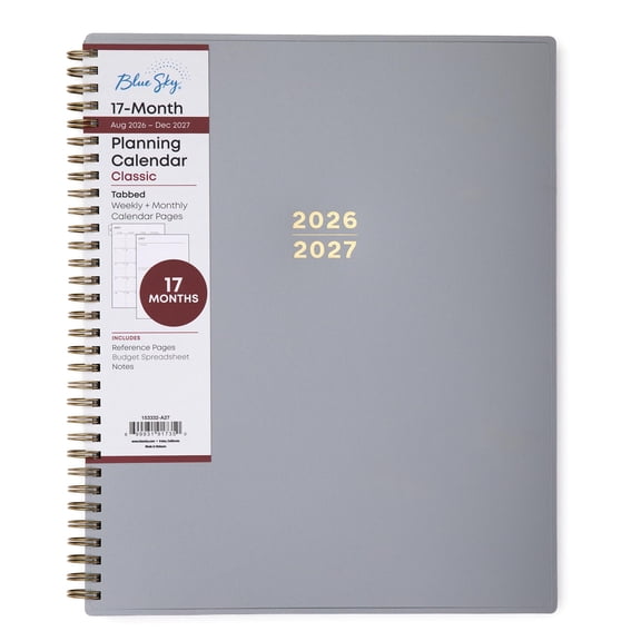 Blue Sky 17 Month 2026-2027 Weekly and Monthly Academic Year Planner Calendar, August 2026 - December 2027, 8.5" x 11", Flexible Cover, Wirebound, Laminated Tabs, Silver Metallic