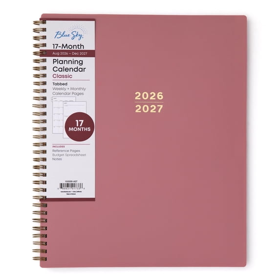 Blue Sky 17 Month 2026-2027 Weekly and Monthly Academic Year Planner Calendar, August 2026 - December 2027, 8.5" x 11", Flexible Cover, Wirebound, Laminated Tabs, Dusty Rose