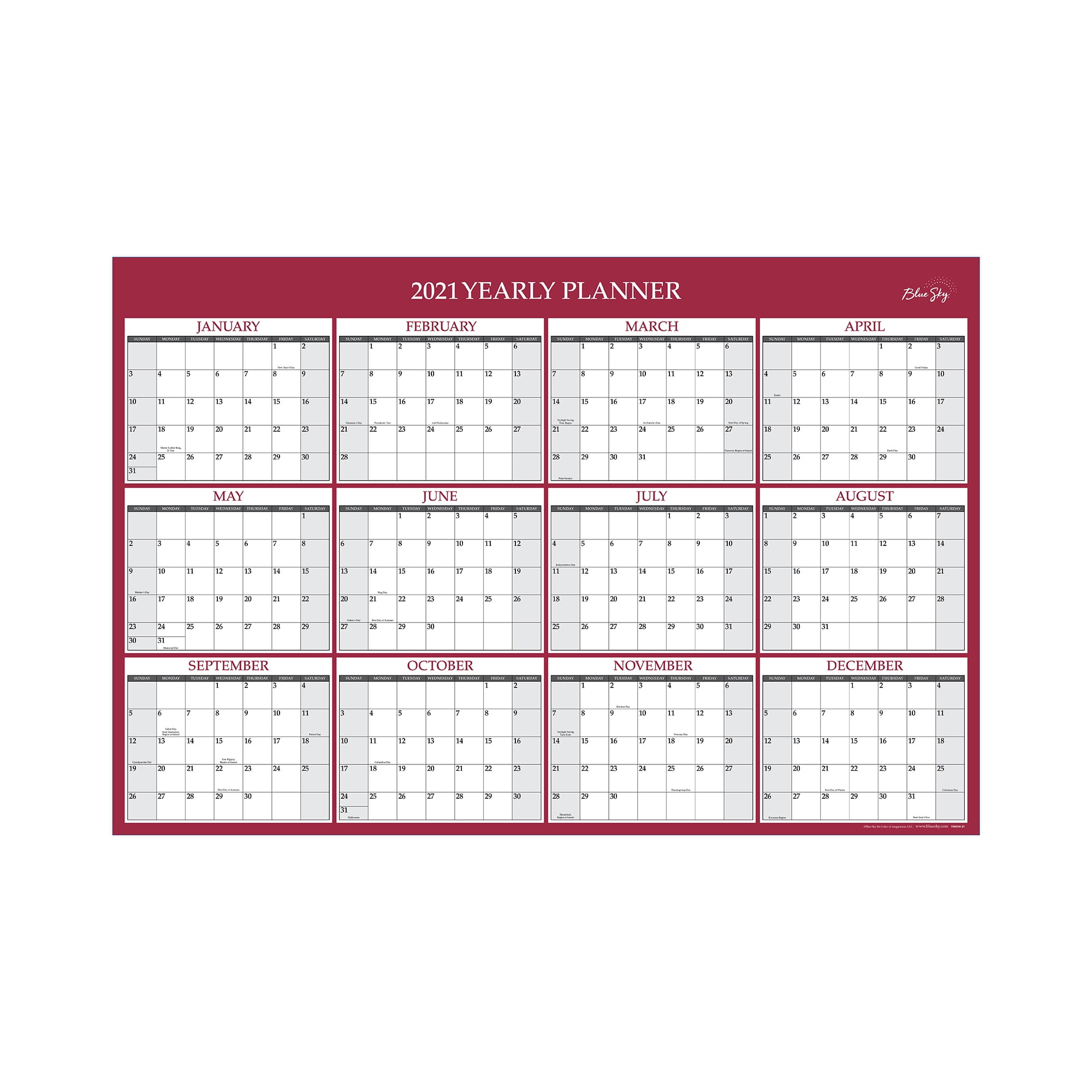 Blue Sky 2021 36" x 24" Laminated Calendar, Jumbo
