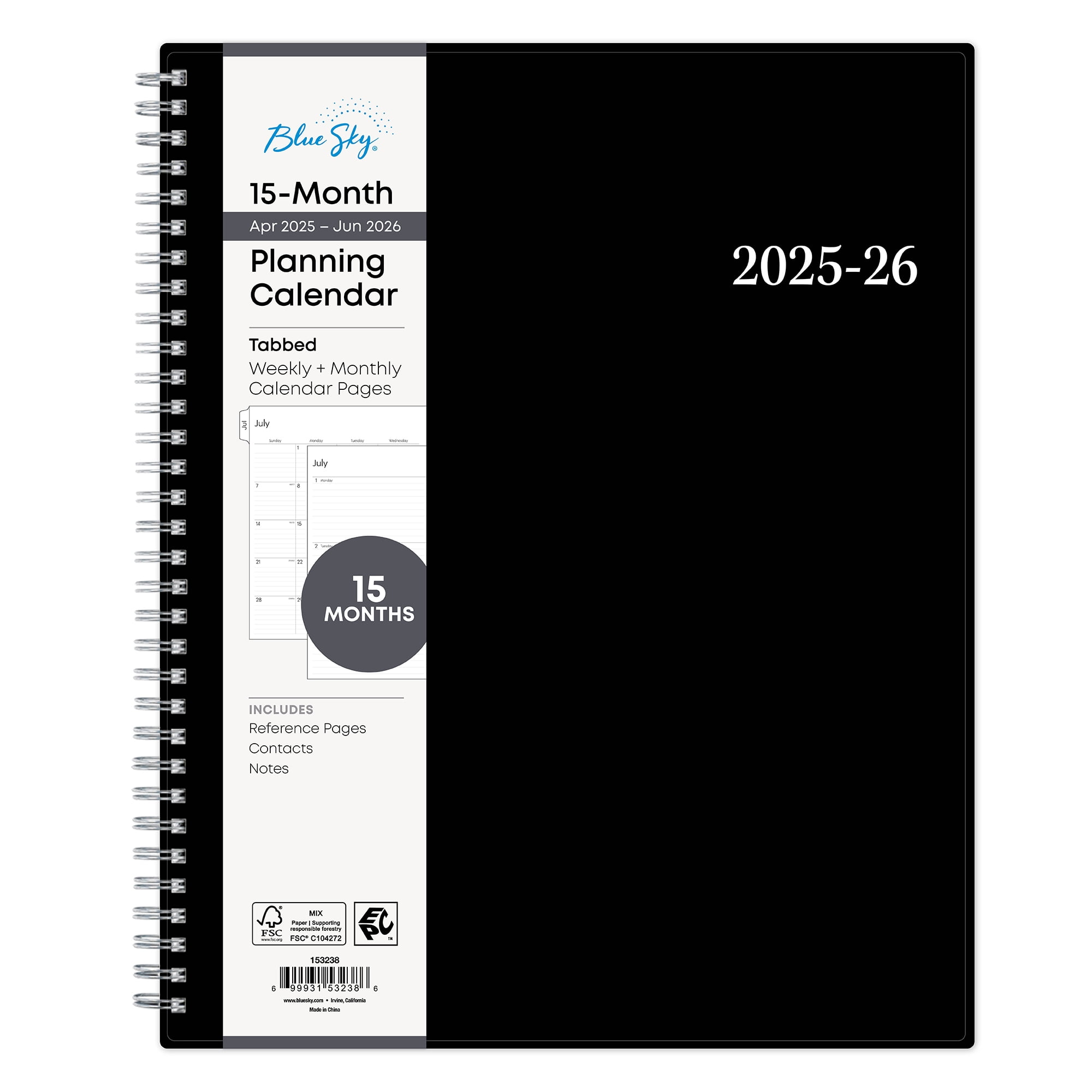 Blue Sky Monthly Weekly Large (8.5" x 11") Black 15-Month (April 2025 - June 2026)