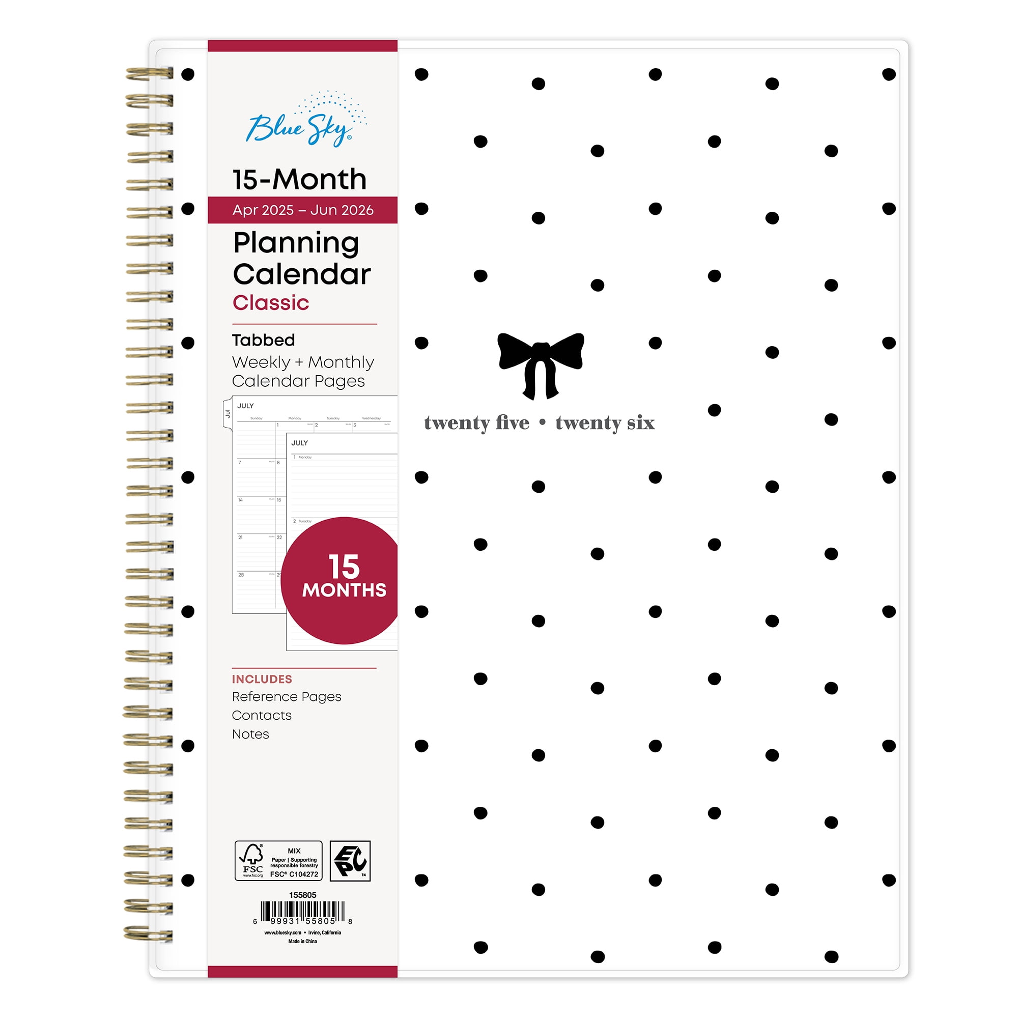 Blue Sky Monthly Weekly Large (8.5" x 11") White Black Dots 15-Month (April 2025 - June 2026)