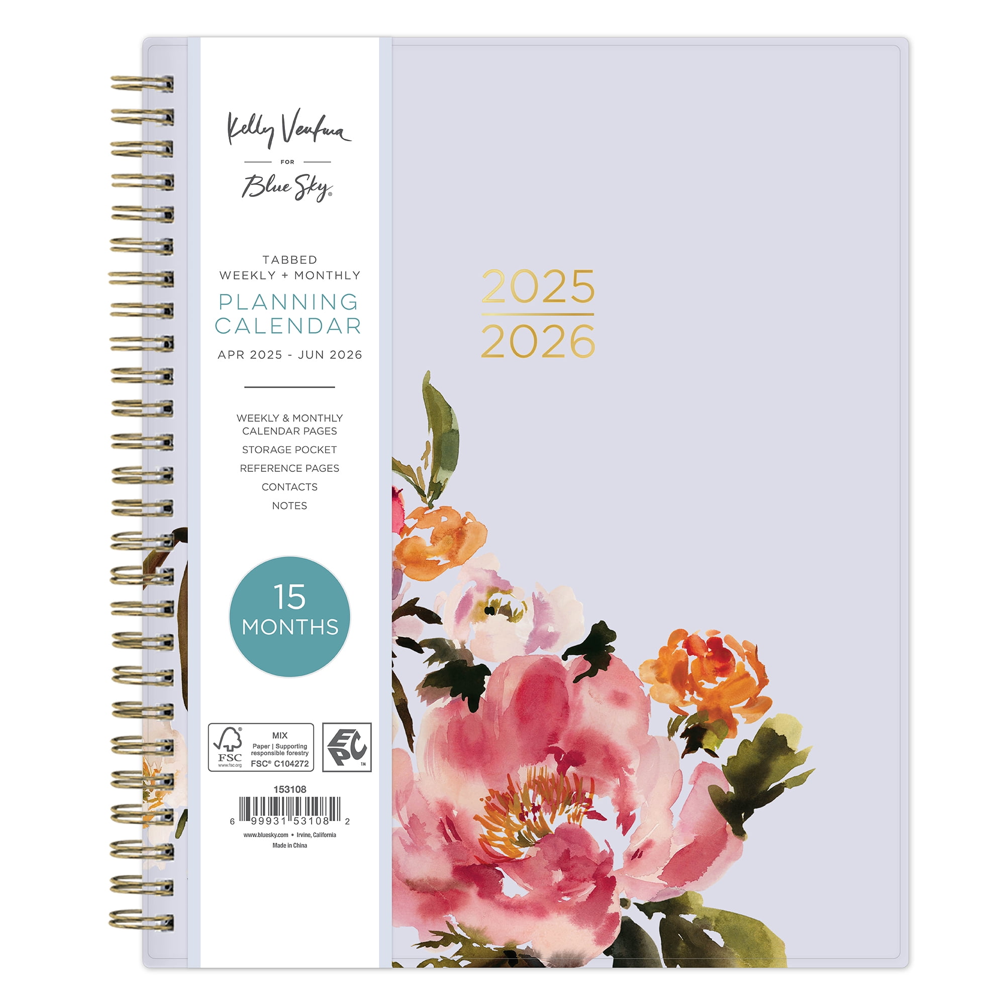 Kelly Ventura for Blue Sky Monthly Weekly Medium (7" x 9") Lavendar Floral 15-Month (April 2025 - June 2026)