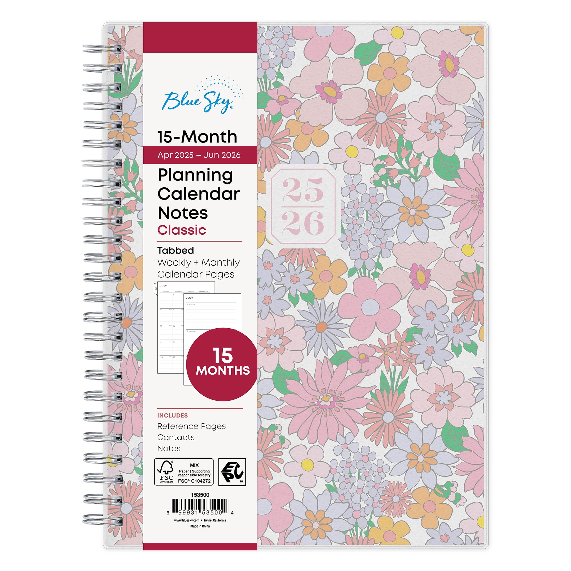 Blue Sky Monthly Weekly Notes Medium (5.875" x 8.625") Pink Floral 15-Month (April 2025 - June 2026)