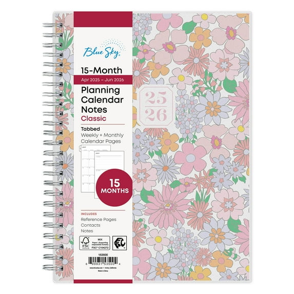 Blue Sky Monthly Weekly Notes Medium Planner, 5.875" x 8.625", Pink Floral 15-Month (April 2025 - June 2026)