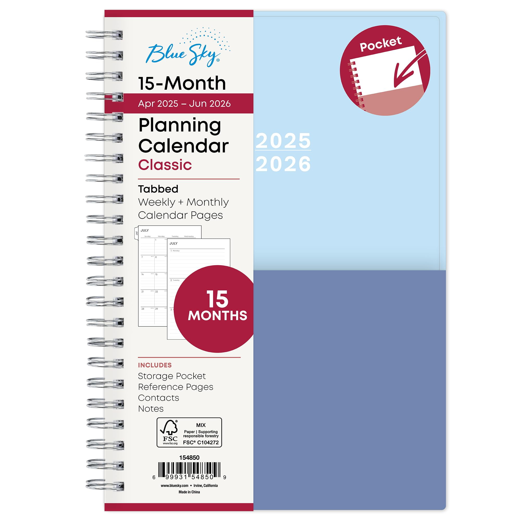 Blue Sky 2025-2026 Academic Year Weekly and Monthly Planner Calendar, April 2025 - June 2026, 15-Month, 5" x 8", Flexible Cover With Pocket, Wirebound, Storage Pocket, Blues