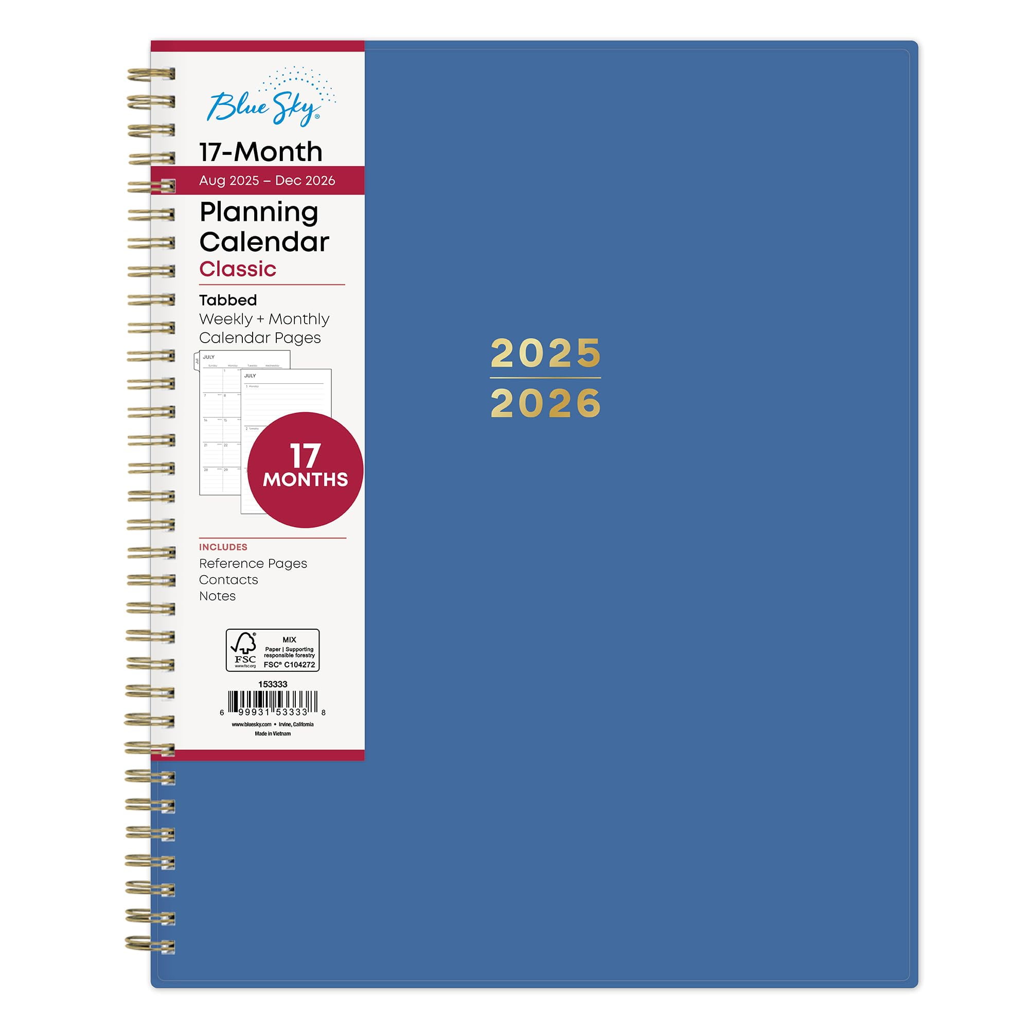 Blue Sky 2025-2026 Academic Year Weekly and Monthly Planner Calendar, August 2025 - December 2026, 17-Month, 8.5" x 11", Flexible Cover, Wirebound, Laminated Tabs, Azure