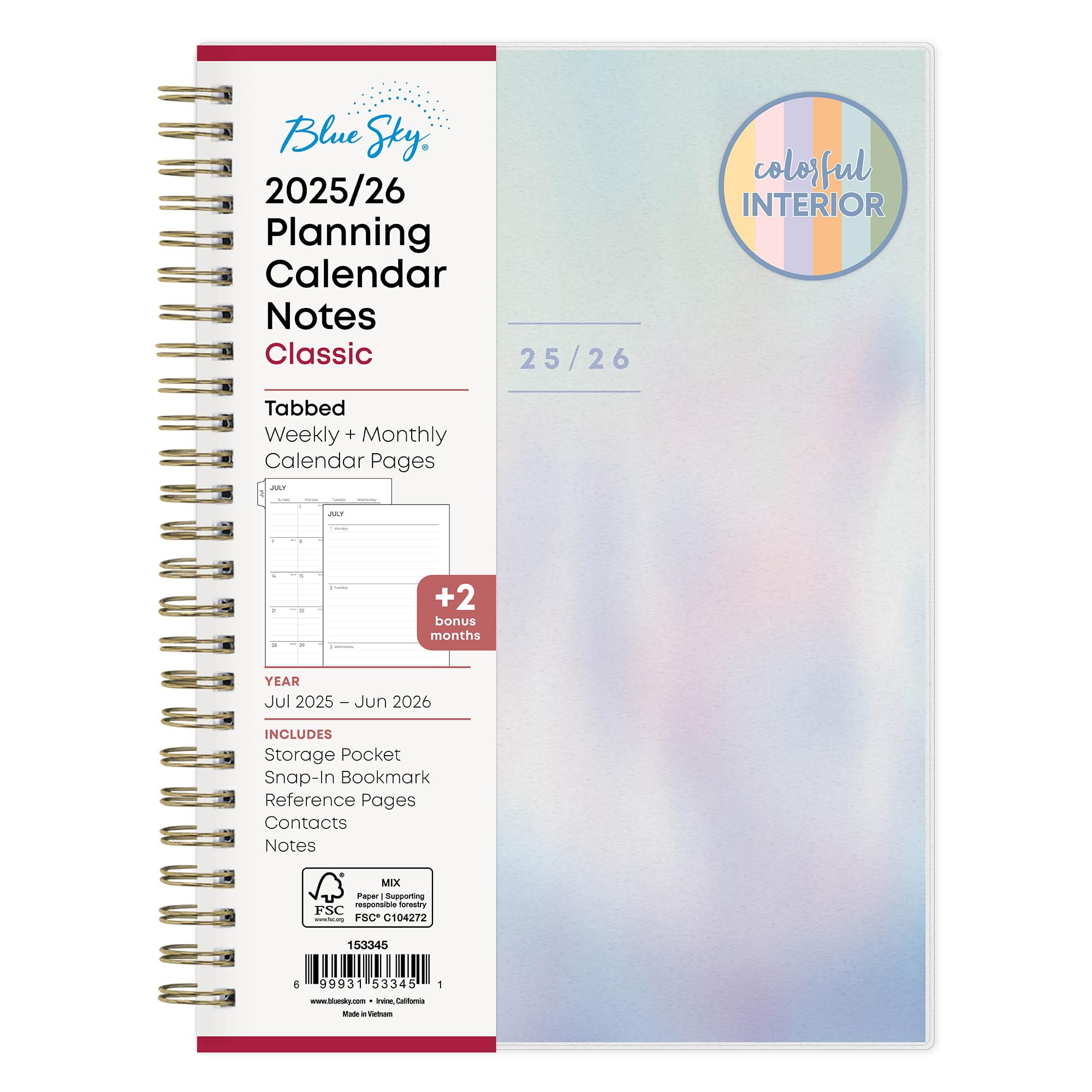 Blue Sky 2025-2026 Academic Year Weekly and Monthly Planner Calendar, July 2025 - June 2026, 12-Month, 5.8" x 8.6", Flexible Cover, Wirebound, Laminated Tabs, Storage Pocket, Borealis