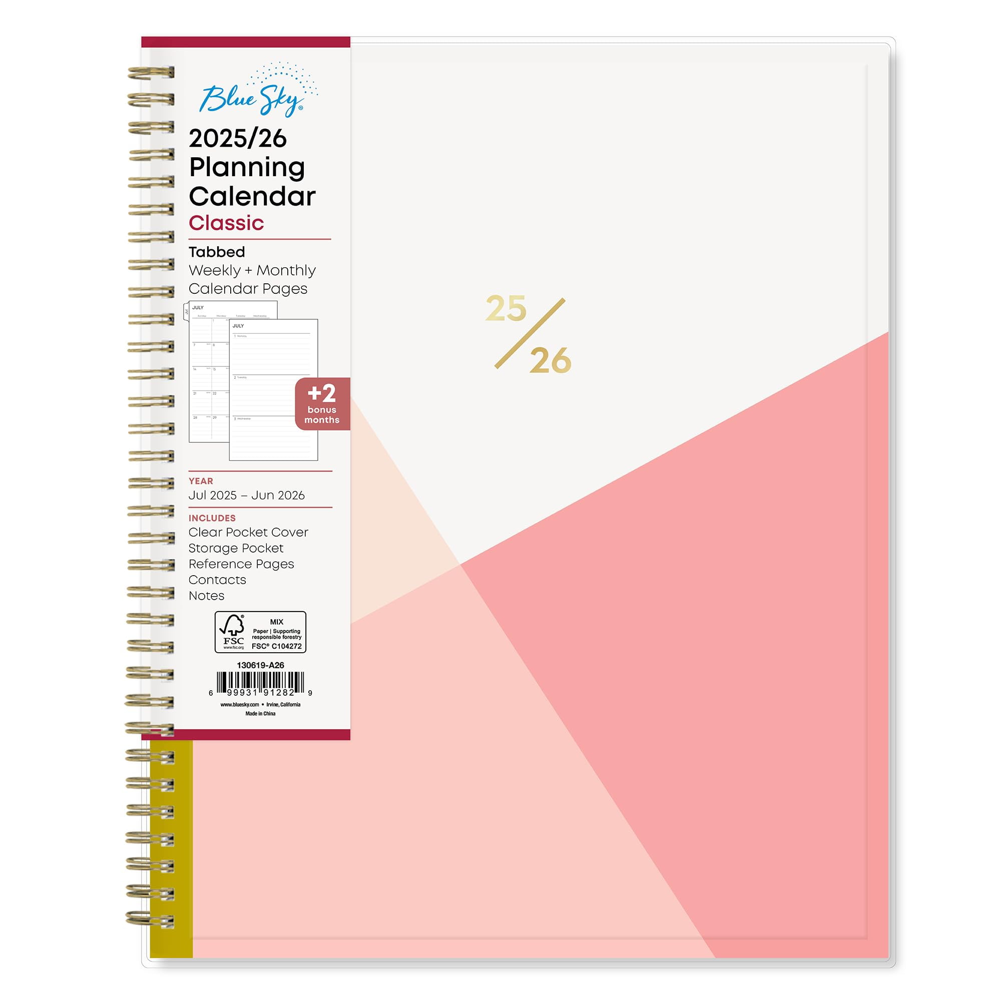 Blue Sky 2025-2026 Academic Year Weekly and Monthly Planner Calendar, July 2025 - June 2026, 12-Month, 8.5" x 11", Flexible Cover, Wirebound, Storage Pocket, Cali Pink