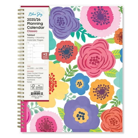 Blue Sky 2025-2026 Weekly and Monthly Academic Year Planner Calendar, July 2025 - June 2026, 8.5" x 11", Flexible Cover, Wirebound, Storage Pocket, Laminated Tabs, Mahalo