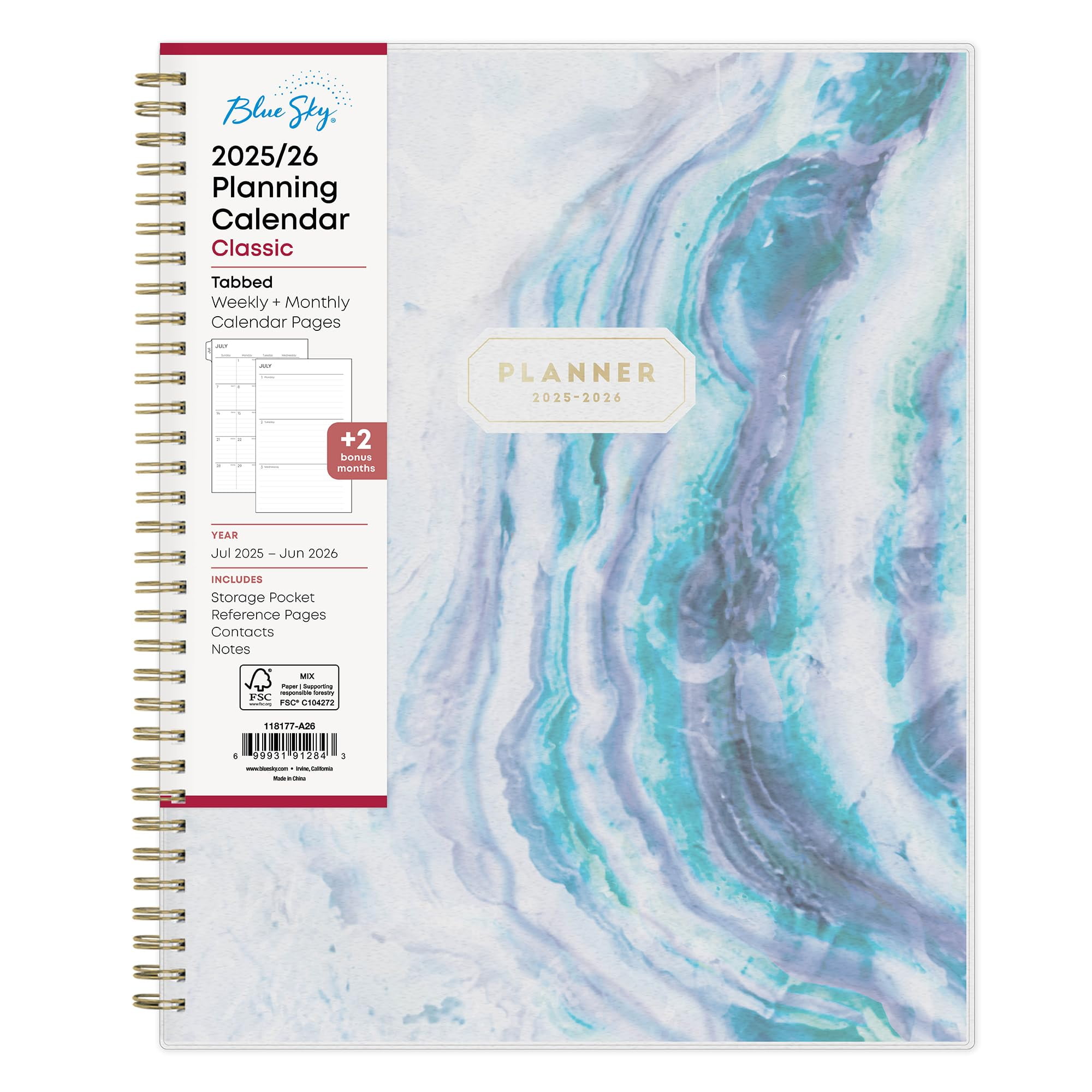 Blue Sky 2025-2026 Weekly and Monthly Academic Year Planner Calendar, July 2025 - June 2026, 8.5" x 11", Wirebound, Laminated Tabs, Storage Pocket, Gemma