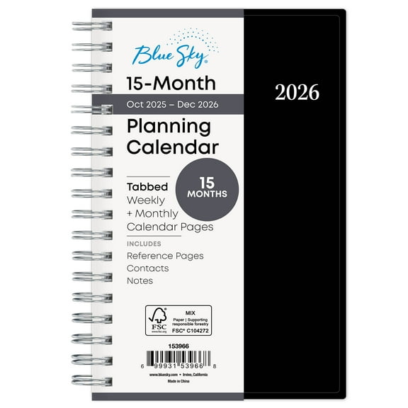 Blue Sky 2026 15-Month Weekly and Monthly Mini Planner Calendar, Includes October 2025 - December 2026, 3.625" x 6.125", Flexible Cover, Wirebound, Laminated Tabs, Enterprise