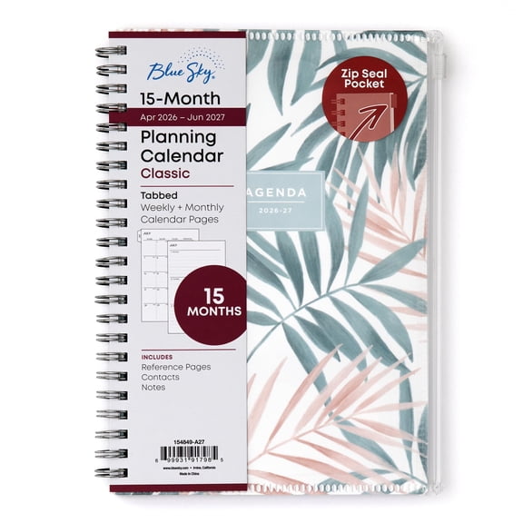 Blue Sky 2026-2027 Weekly and Monthly Academic Year 15 Month Planner Calendar, April 2026 - June 2027, 5" x 8", Flexible Cover With Zip Pouch, Wirebound, Storage Pocket, Seychelle
