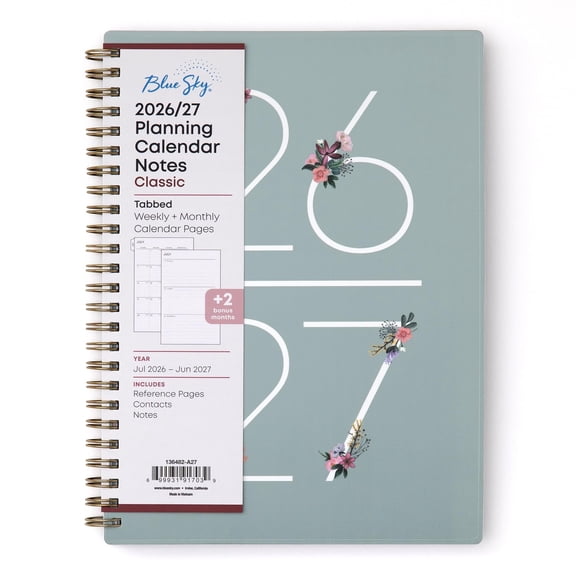 Blue Sky 2026-2027 Weekly and Monthly Academic Year Planner Calendar, July 2026 - June 2027, 5.875" x 8.625", Flexible Cover, Wirebound, Laminated Tabs, Includes Extra 30 Sheets of Notes, Greta