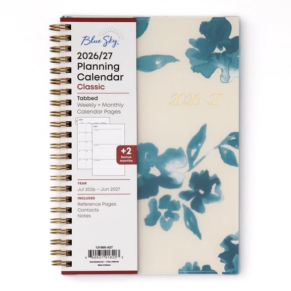 Blue Sky 2026-2027 Weekly and Monthly Academic Year Planner Calendar, July 2026 - June 2027, 5" x 8", Flexible Cover, Wirebound, Laminated Tabs, Bakah Blue