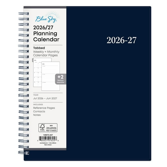 Blue Sky 2026-2027 Weekly and Monthly Academic Year Planner Calendar, July 2026 - June 2027, 7" x 9", Flexible Cover, Wirebound, Laminated Tabs, Enterprise Navy