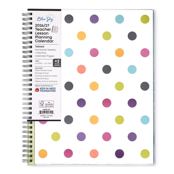 Blue Sky 2026-2027 Weekly and Monthly Academic Year Teacher Lesson Planner Calendar, July 2026 - June 2027, 8.5" x 11", Clear Pocket Cover, Wirebound, Laminated Tabs, Storage Pocket, Dots