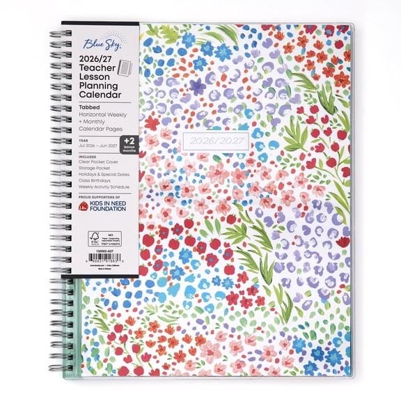 Blue Sky 2026-2027 Weekly and Monthly Academic Year Teacher Lesson Planner Calendar, July 2026 - June 2027, 8.5" x 11", Clear Pocket Cover, Wirebound, Storage Pocket, Ditsy Dapple Light