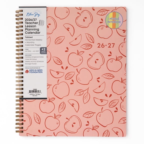 Blue Sky 2026-2027 Weekly and Monthly Academic Year Teacher Lesson Planner Calendar, July 2026 - June 2027, 8.5" x 11", Flexible Cover, Wirebound, Laminated Tabs, Storage Pocket, Apple Sketch
