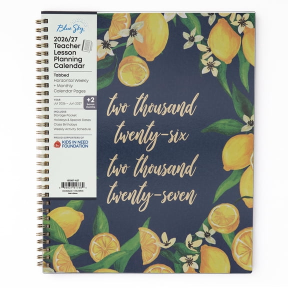 Blue Sky 2026-2027 Weekly and Monthly Academic Year Teacher Lesson Planner Calendar, July 2026 - June 2027, 8.5" x 11", Flexible Cover, Wirebound, Laminated Tabs, Storage Pocket, Fresh Lemons