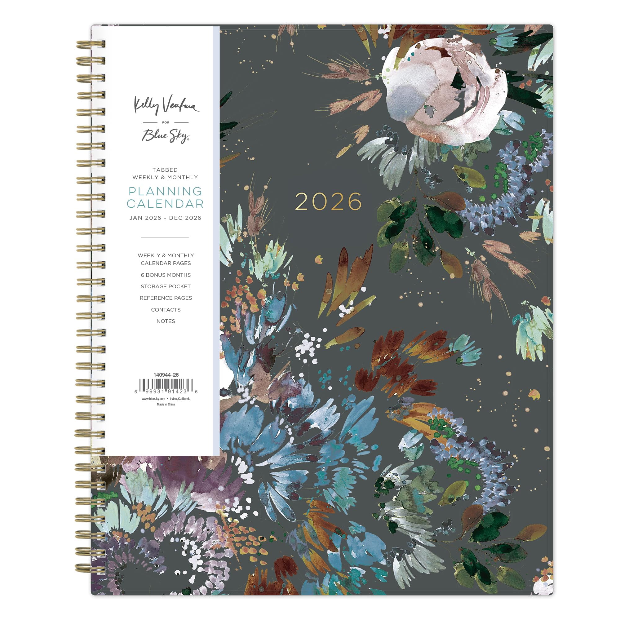 Blue Sky Kelly Ventura 2026 Weekly and Monthly Planner Calendar, January 2026 - December 2026, 8.5" x 11", Flexible Cover, Laminated Tabs, Durable Twin Wire Binding, Storage Pocket, Midnight Garden