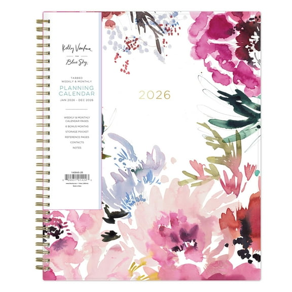 Blue Sky Kelly Ventura 2026 Weekly and Monthly Planner Calendar, January 2026 - December 2026, 8.5" x 11", Flexible Cover, Laminated Tabs, Durable Twin Wire Binding, Storage Pocket, Magenta Blooms