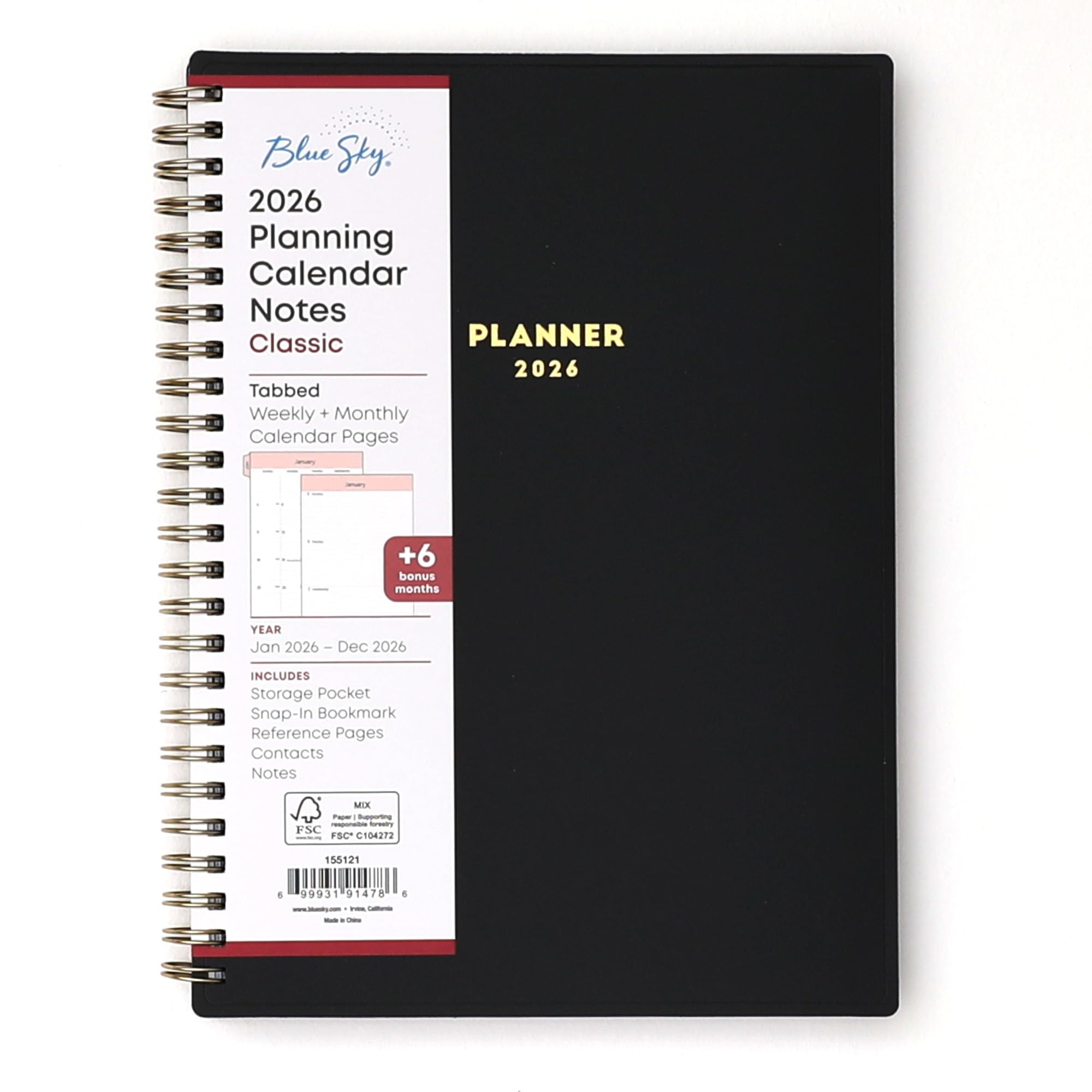 Blue Sky 2026 Weekly and Monthly Planner Calendar, January 2026 - December 2026, 5.875 x 8.625, Flexible Cover, Storage Pocket, Ruler, Colorful Interior, Includes Extra 30 Sheets of Notes, Black