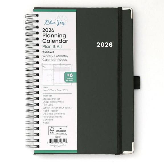 Blue Sky 2026 Weekly and Monthly Planner Calendar, January 2026 - December 2026, 5" x 8", Faux Leather Cover, Wirebound, Storage Pocket, Laminated Tabs, Includes Pen Loop, Bungee, Ruler, Slate Gray