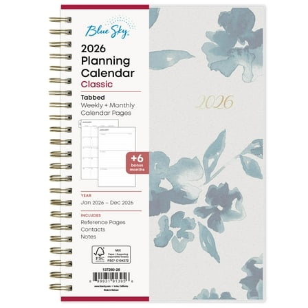 Blue Sky 2026 Weekly and Monthly Planner Calendar, January 2026 - December 2026, 5" x 8", Flexible Frosted Cover, Laminated Tabs, Durable Twin Wire Binding, Bakah Blue