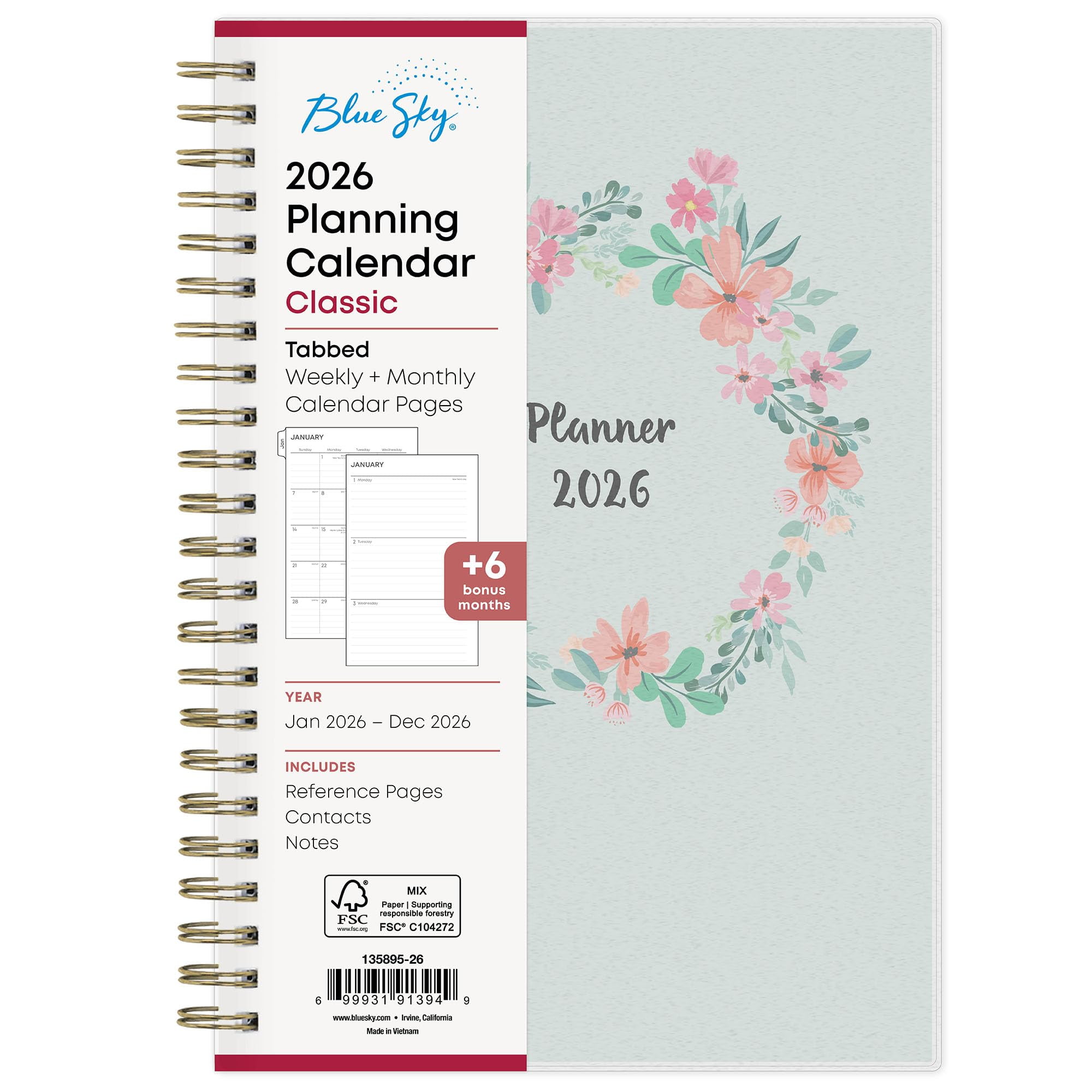 Blue Sky 2026 Weekly and Monthly Planner Calendar, January 2026