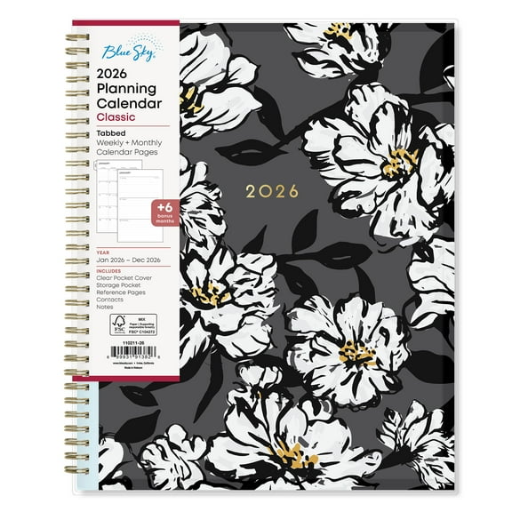 Blue Sky 2026 Weekly and Monthly Planner Calendar, January 2026 - December 2026, 8.5" x 11", Clear Pocket Cover, Laminated Tabs, Durable Twin Wire Binding, Storage Pocket, Baccara Dark